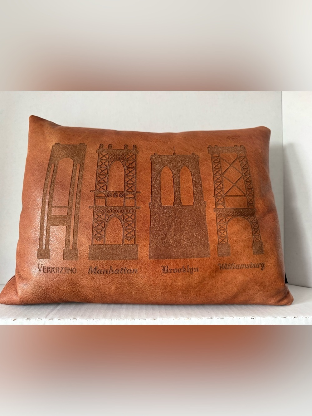 Hudson & Kings NYC “4 Bridges” Genuine Leather Throw Pillow Cover & Insert.